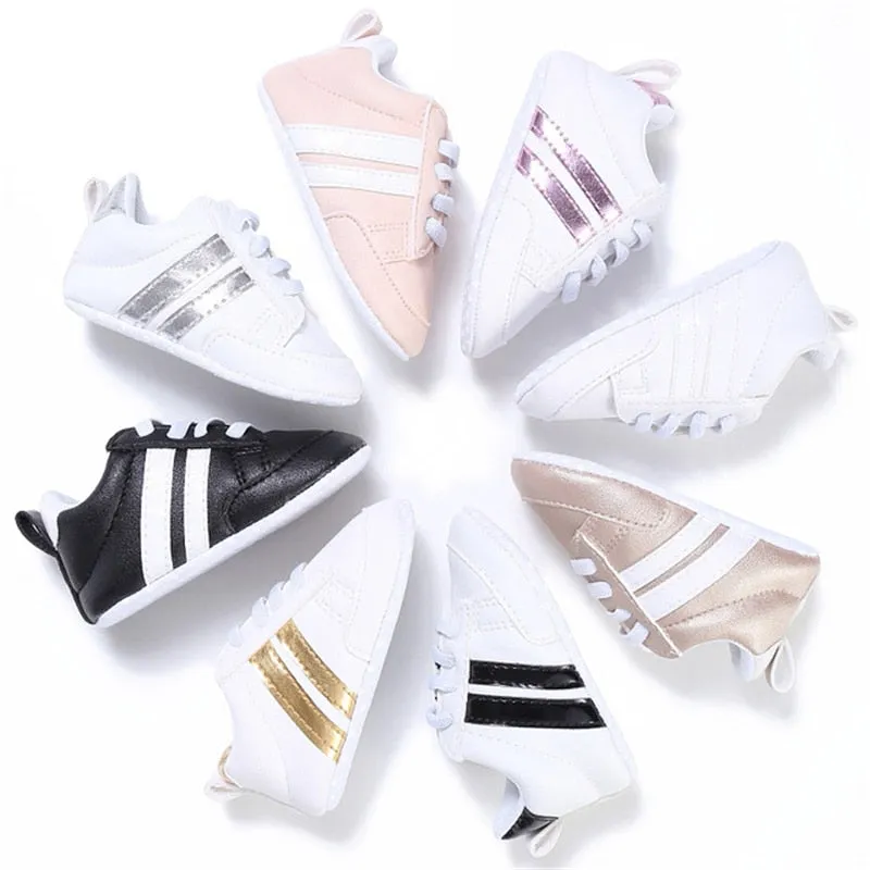 Baby Shoes Pu Leather Shoes Sports Sneakers Newborn Baby Boys Girls Stripe Pattern Shoes Infant