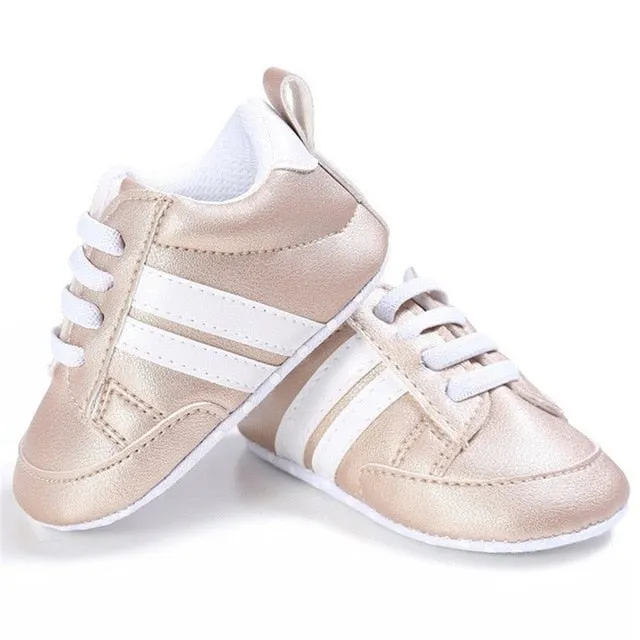 Baby Shoes Pu Leather Shoes Sports Sneakers Newborn Baby Boys Girls Stripe Pattern Shoes Infant