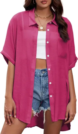 Century Star Womens Button Down Shirt Vacation Outfits Short Sleeve Shirt Dress Oversize Collared Swimsuit Coverup Blouses