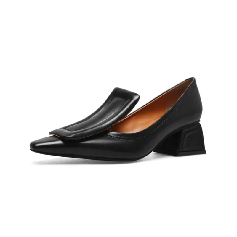 Chunky Heel Genuine Leather Square Toe Shoes