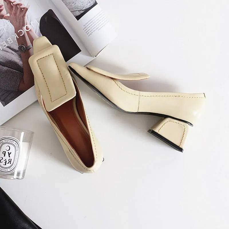 Chunky Heel Genuine Leather Square Toe Shoes