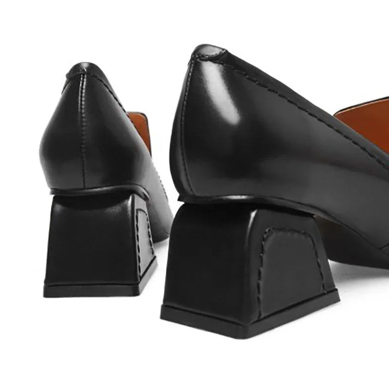 Chunky Heel Genuine Leather Square Toe Shoes