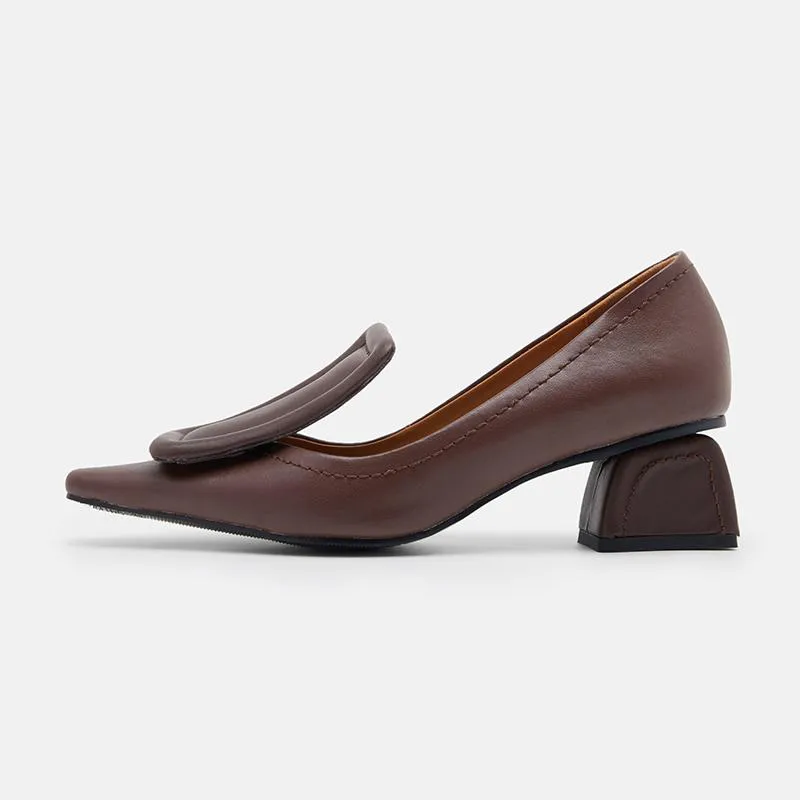 Chunky Heel Genuine Leather Square Toe Shoes