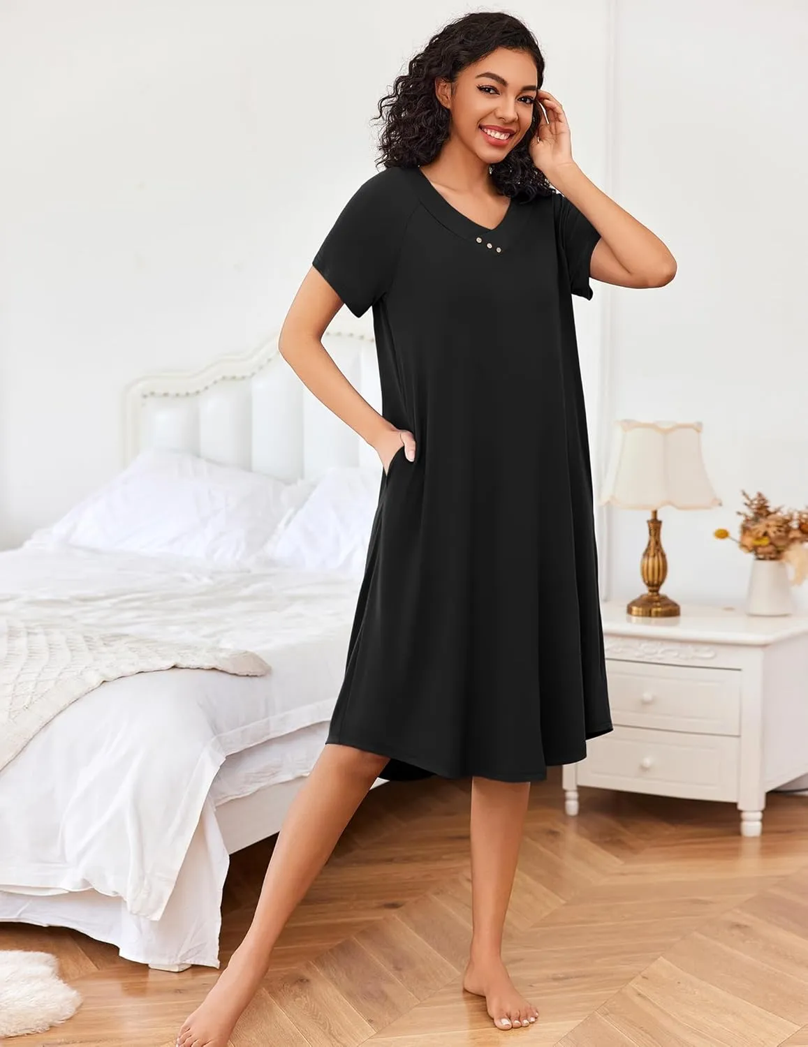 Ekouaer Women Short Sleeve Long Nightgown Soft Sleepwear V Neck Nightshirts Loungewear with Pockets