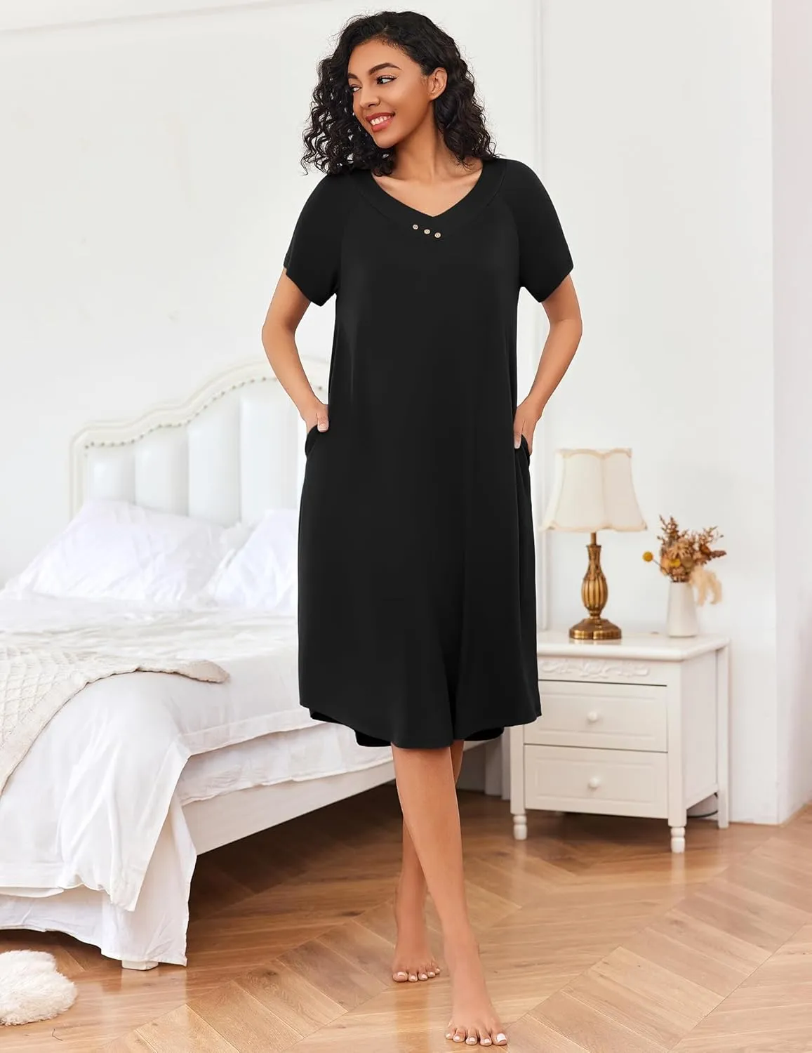 Ekouaer Women Short Sleeve Long Nightgown Soft Sleepwear V Neck Nightshirts Loungewear with Pockets
