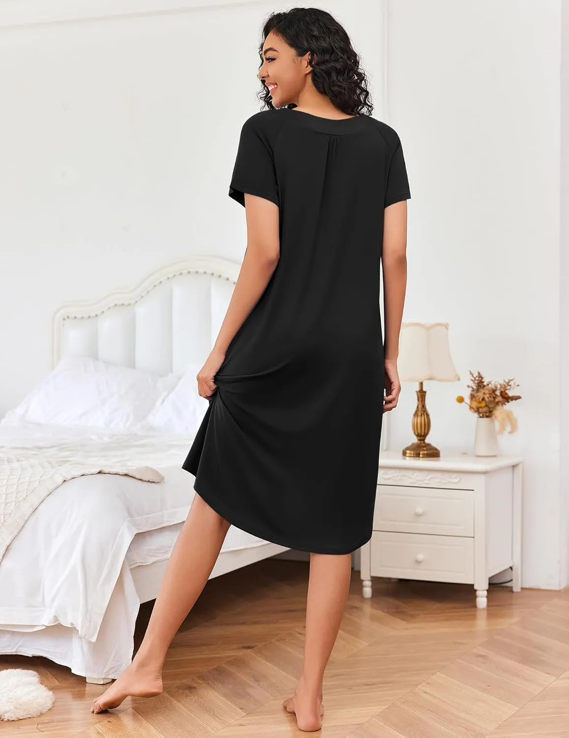 Ekouaer Women Short Sleeve Long Nightgown Soft Sleepwear V Neck Nightshirts Loungewear with Pockets