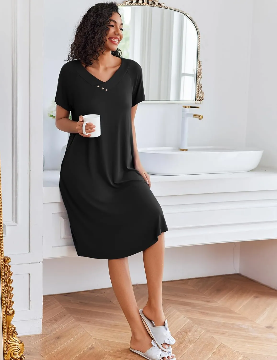 Ekouaer Women Short Sleeve Long Nightgown Soft Sleepwear V Neck Nightshirts Loungewear with Pockets