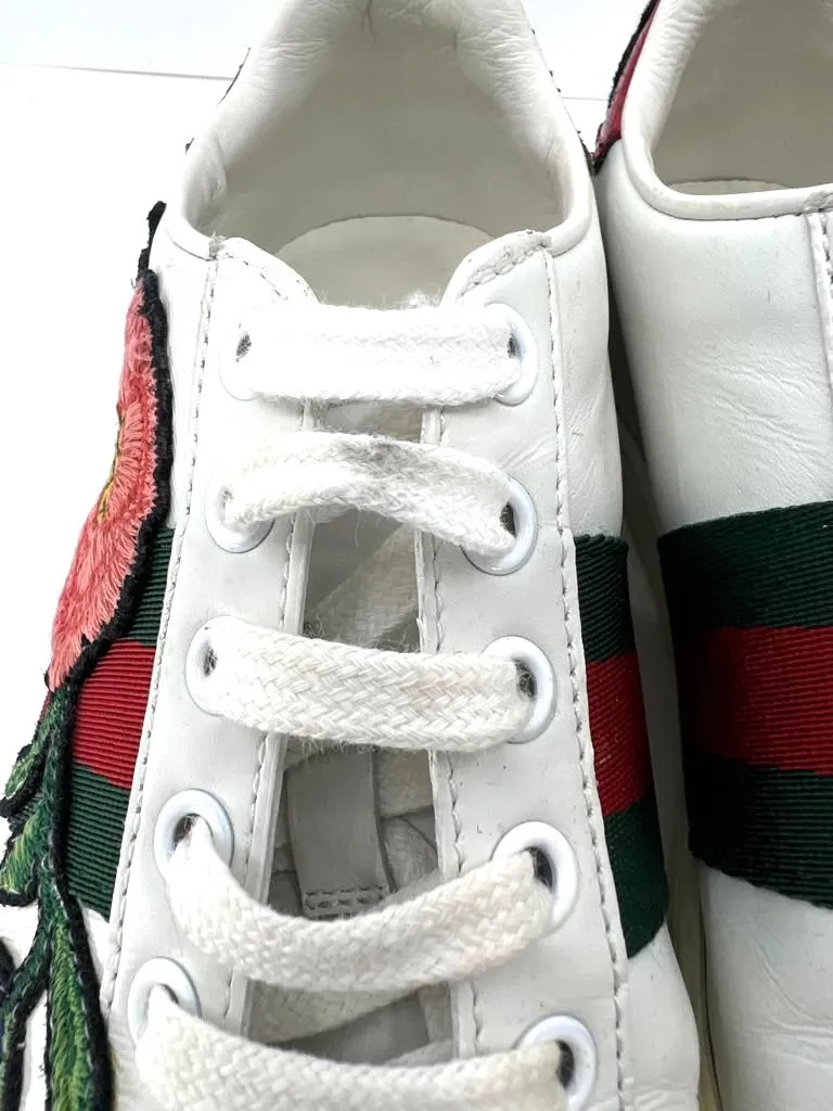 GUCCI ACE WEB FLOWER EMBROIDERED DISTRESSED SNEAKERS