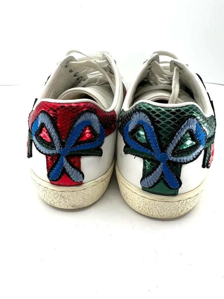 GUCCI ACE WEB FLOWER EMBROIDERED DISTRESSED SNEAKERS