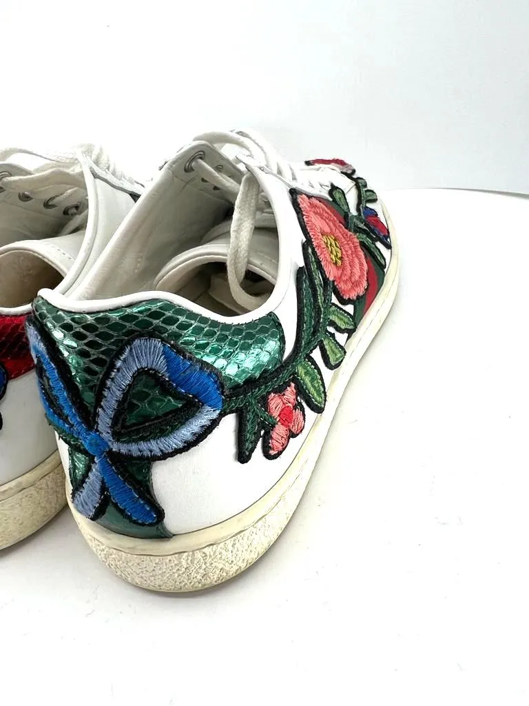 GUCCI ACE WEB FLOWER EMBROIDERED DISTRESSED SNEAKERS