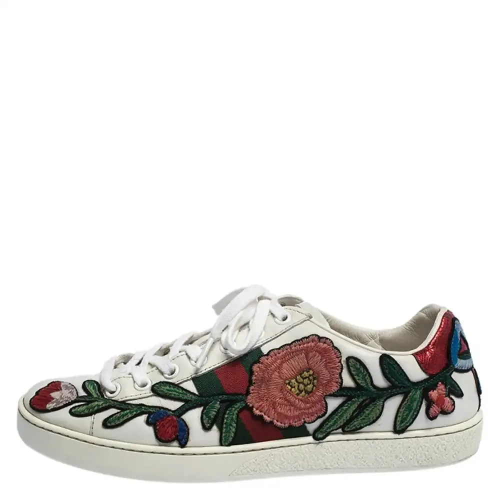 GUCCI ACE WEB FLOWER EMBROIDERED DISTRESSED SNEAKERS