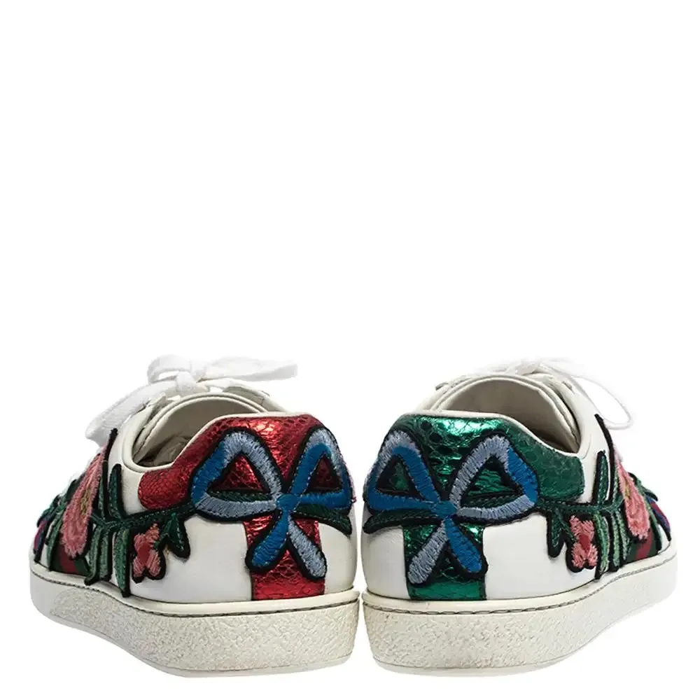GUCCI ACE WEB FLOWER EMBROIDERED DISTRESSED SNEAKERS