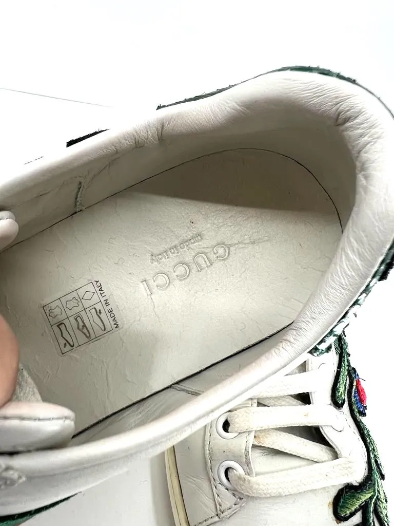GUCCI ACE WEB FLOWER EMBROIDERED DISTRESSED SNEAKERS