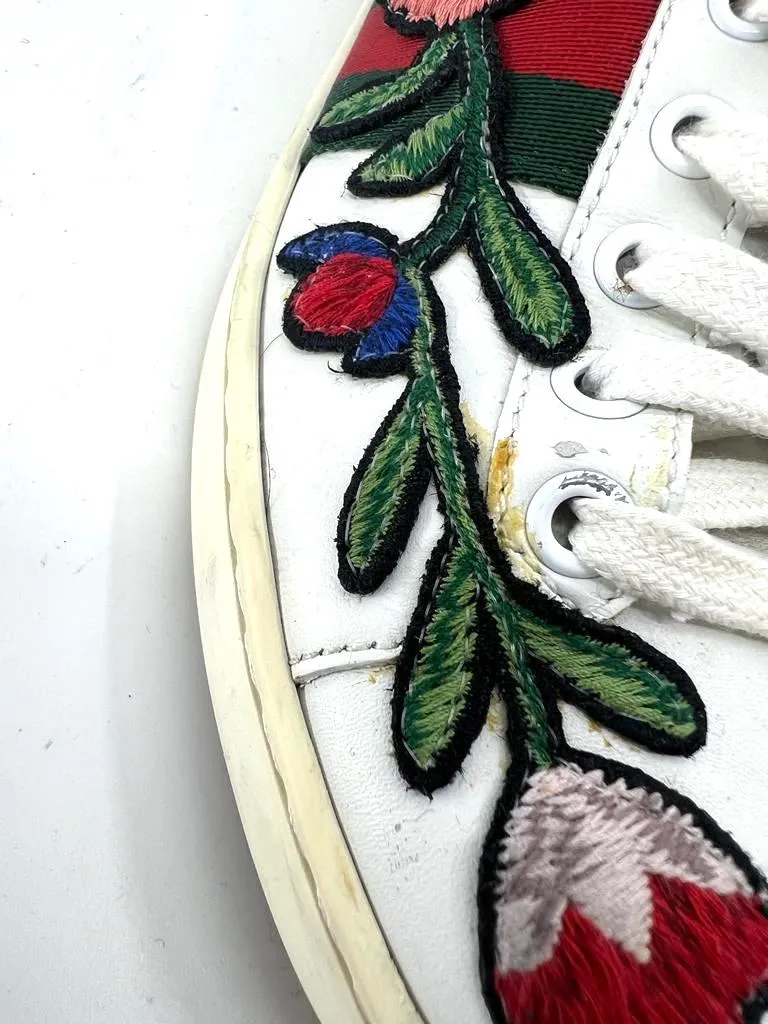 GUCCI ACE WEB FLOWER EMBROIDERED DISTRESSED SNEAKERS