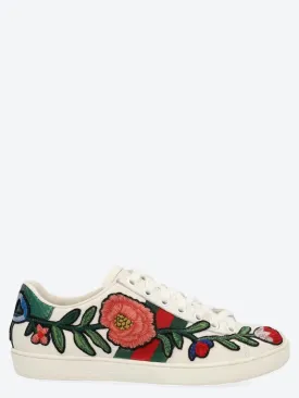 GUCCI ACE WEB FLOWER EMBROIDERED DISTRESSED SNEAKERS