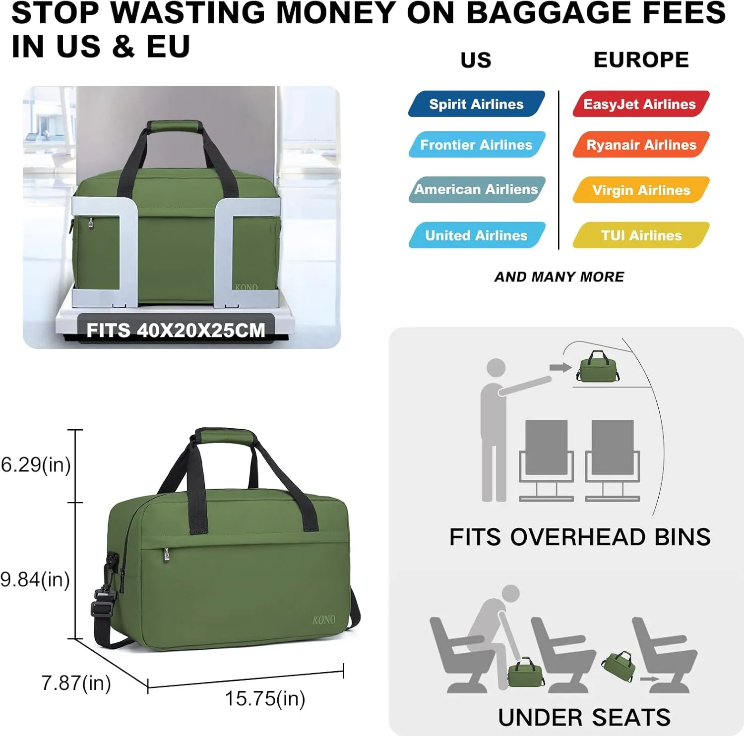 Kono Travel Duffel 20L Under Seat Carry-On Sports Tote Gym Weekender Overnight Bag - 15.75"x9.84"x7.87" Green