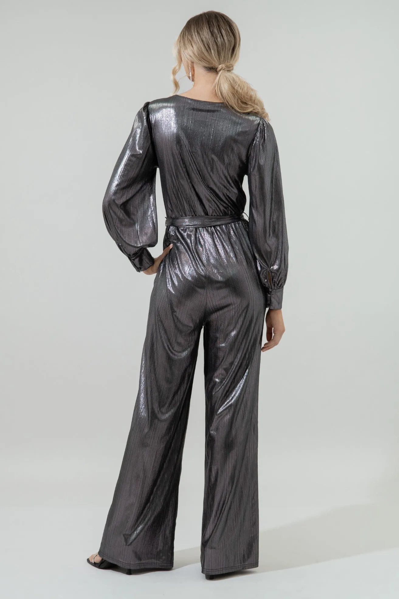 Pewter Metallic Rib Lurex Balloon Sleeve Jumpsuit