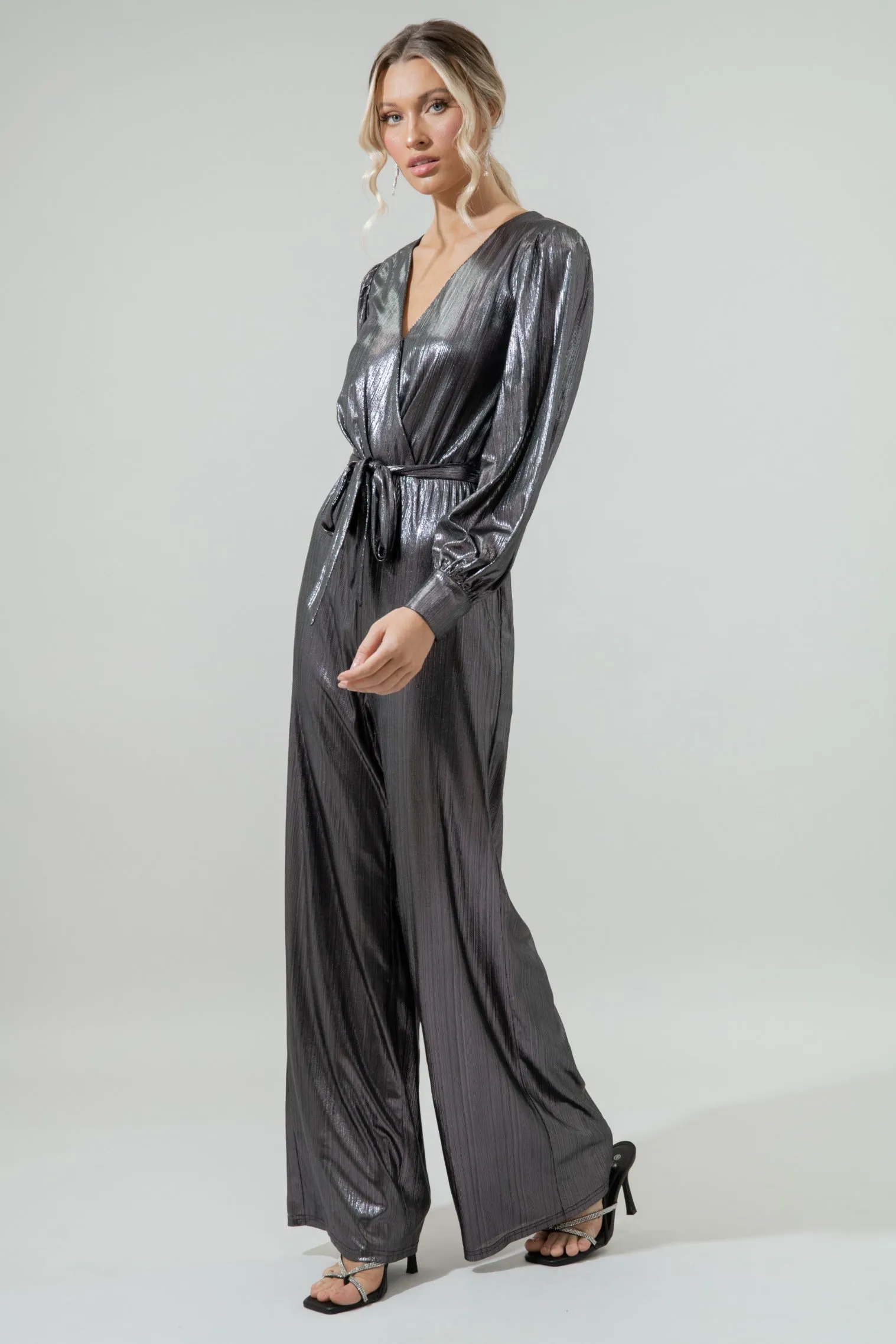 Pewter Metallic Rib Lurex Balloon Sleeve Jumpsuit