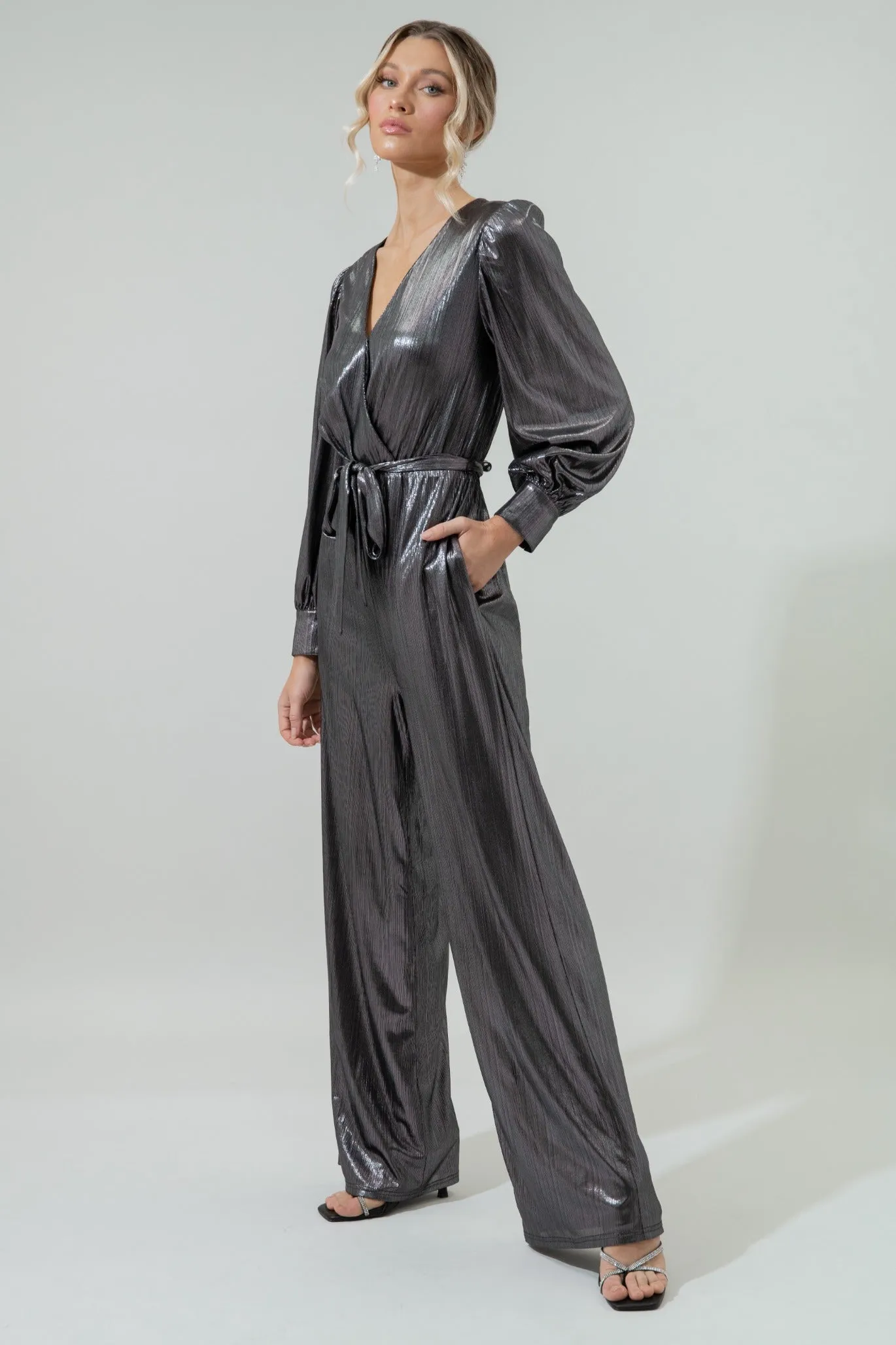 Pewter Metallic Rib Lurex Balloon Sleeve Jumpsuit