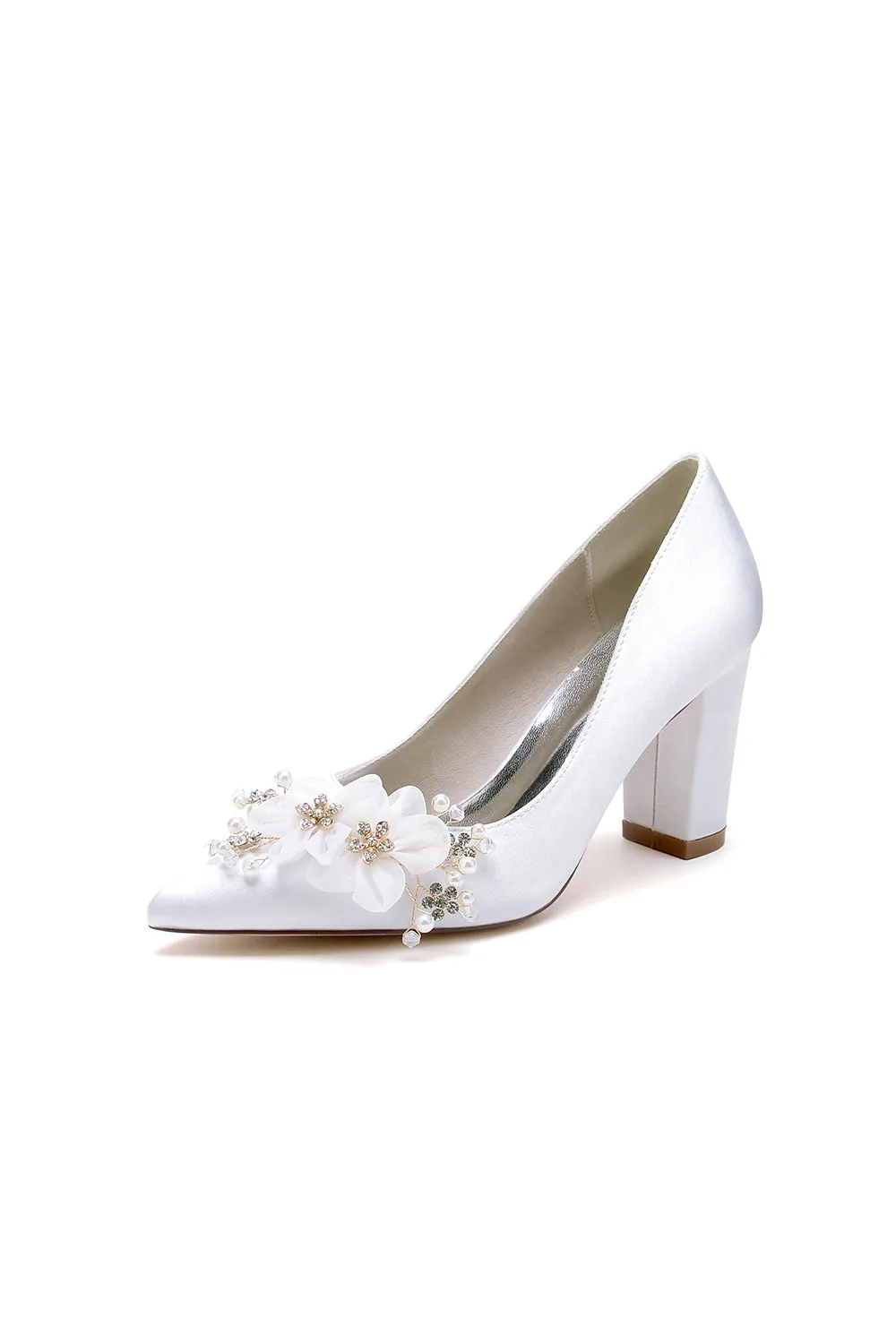 Pointed Toe White Rhinestone Chunky Heels with Flower