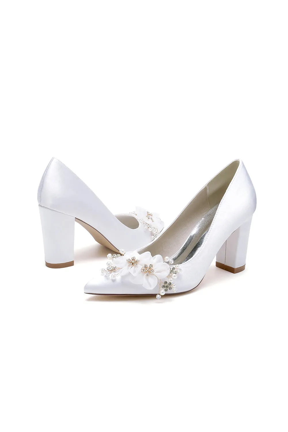 Pointed Toe White Rhinestone Chunky Heels with Flower