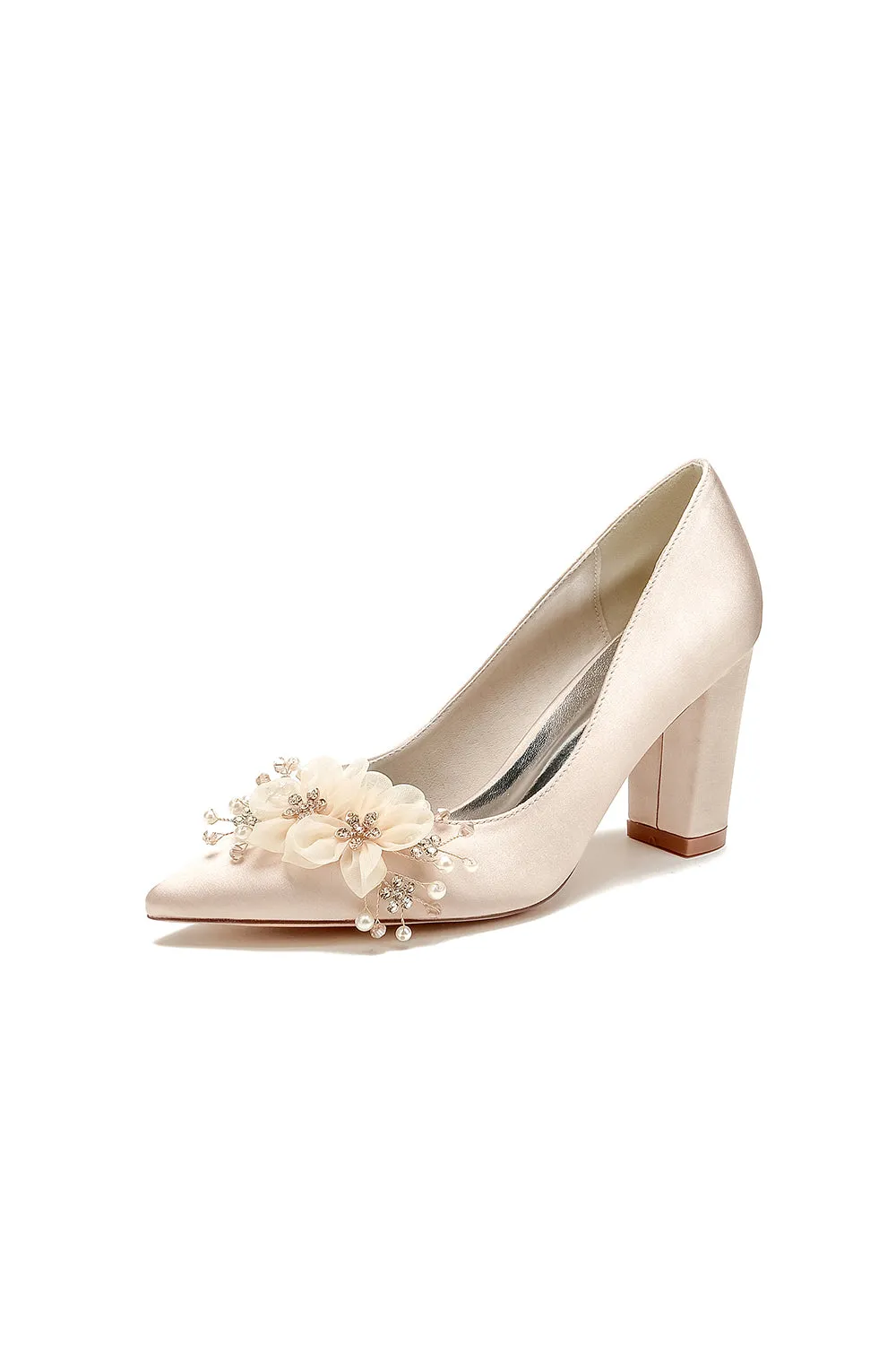 Pointed Toe White Rhinestone Chunky Heels with Flower