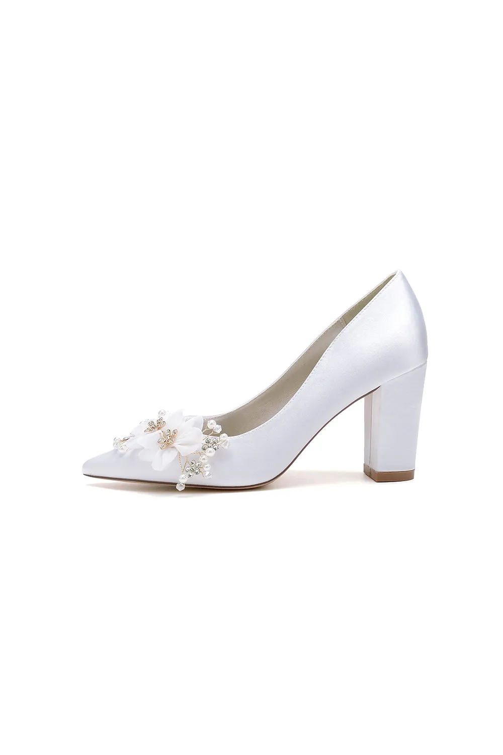 Pointed Toe White Rhinestone Chunky Heels with Flower