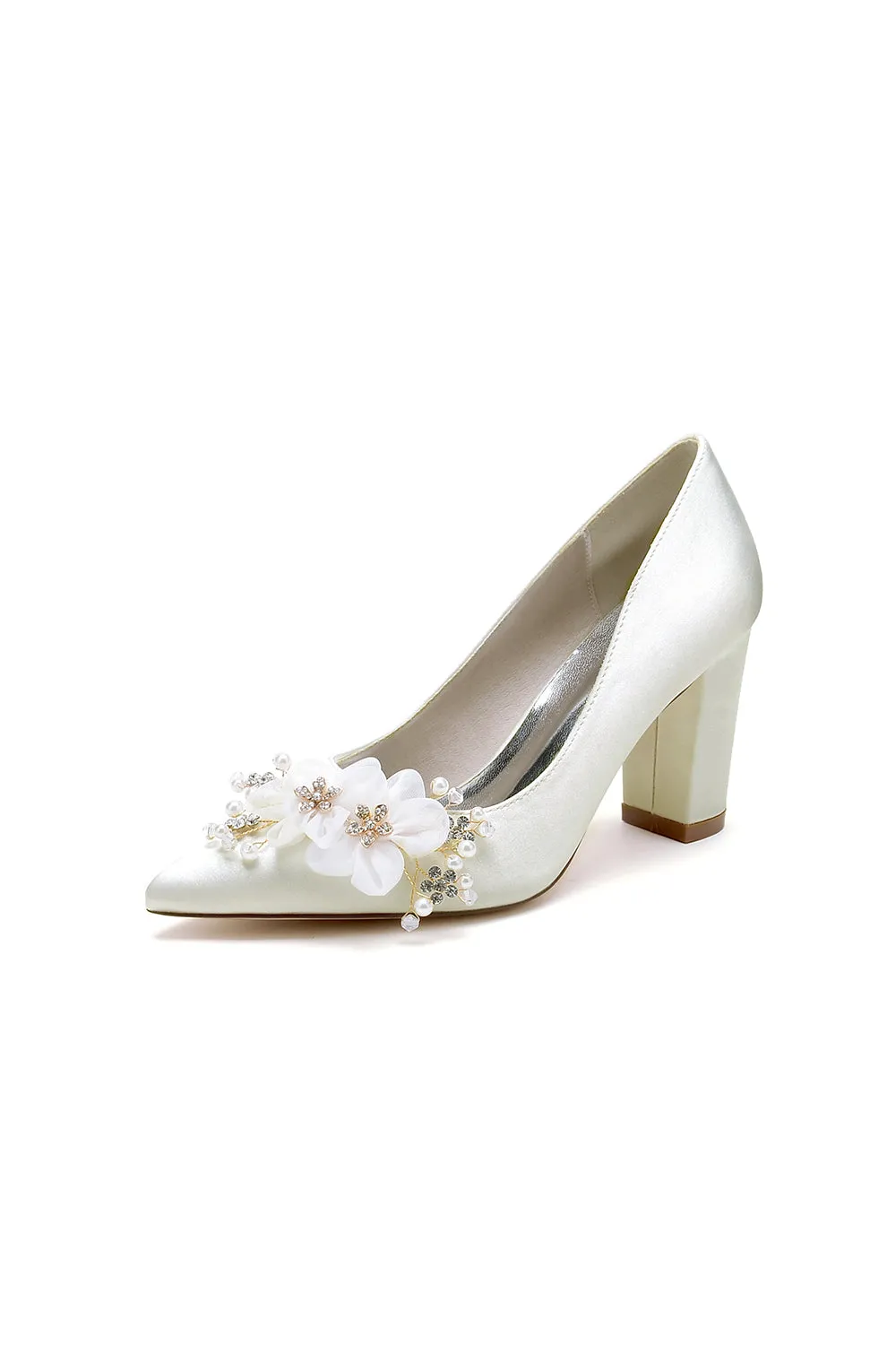 Pointed Toe White Rhinestone Chunky Heels with Flower