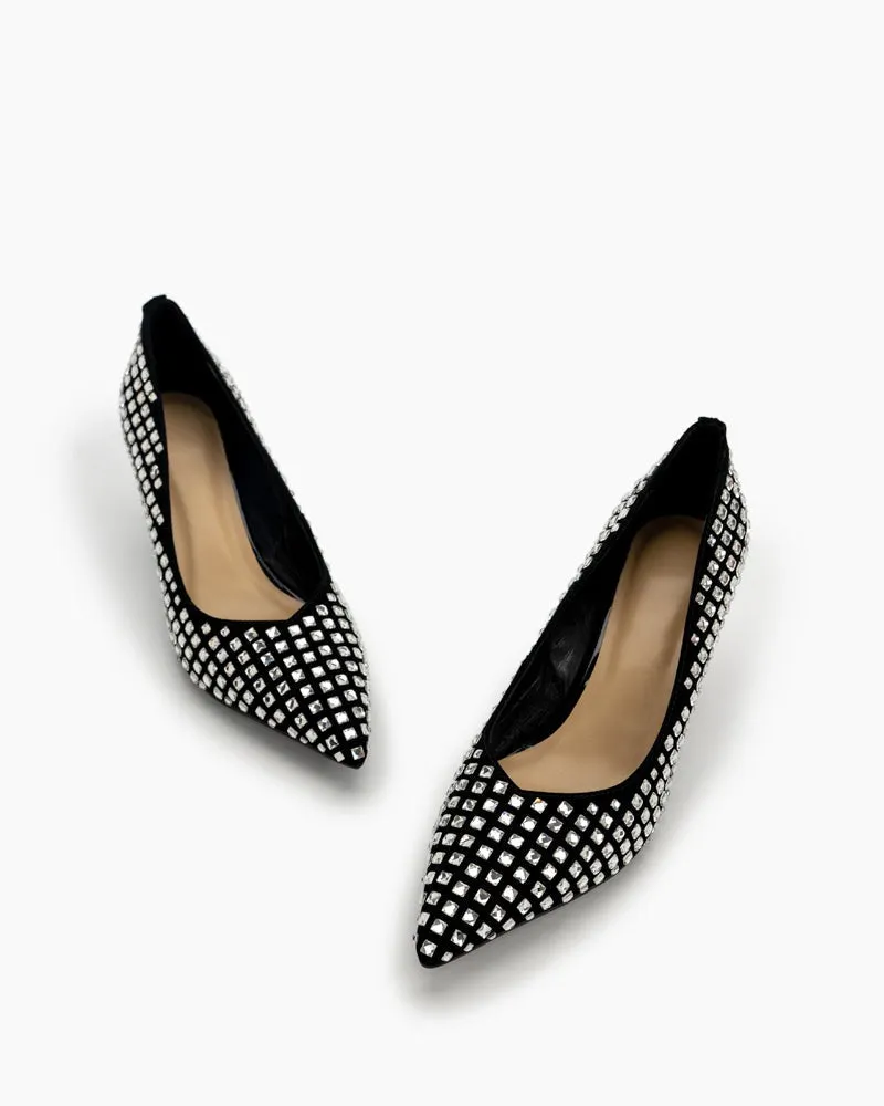 Rhinestone Decor Pointed Toe Black Stiletto Pumps