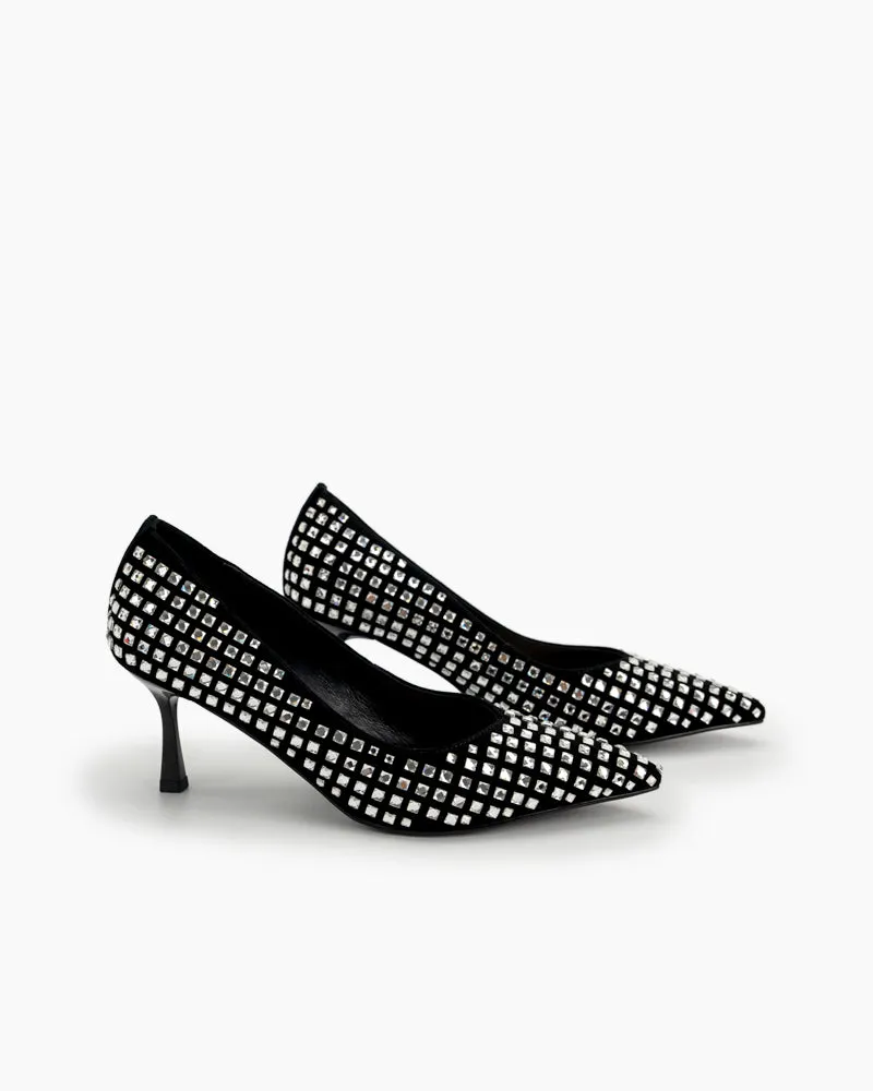 Rhinestone Decor Pointed Toe Black Stiletto Pumps