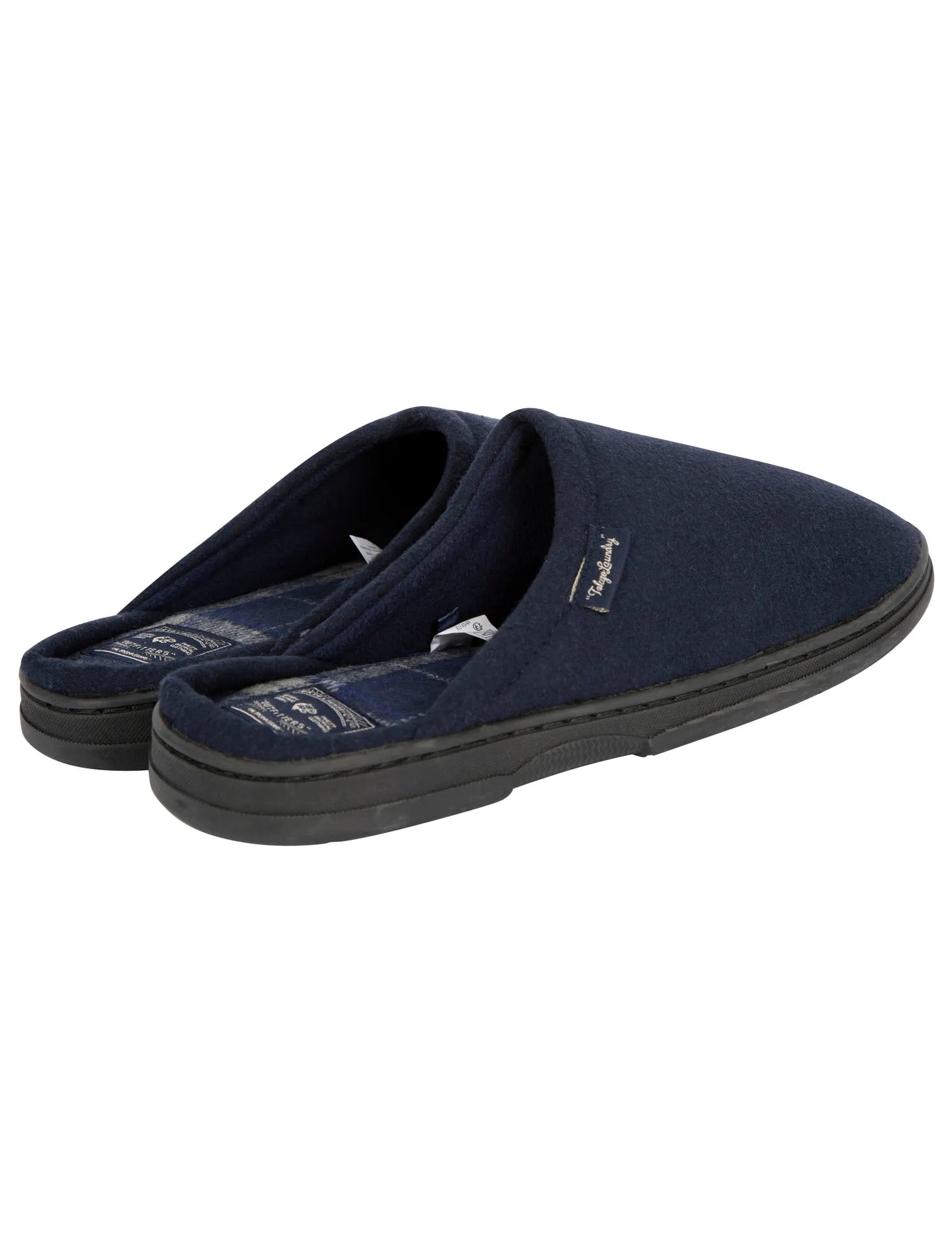 Rickman Mule Slippers with Brushed Check Lining in Navy - Tokyo Laundry