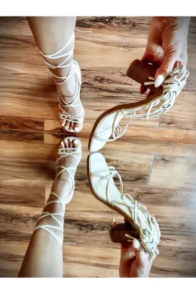 Saylana Natural Bone Ankle Wrap Chunky Heels