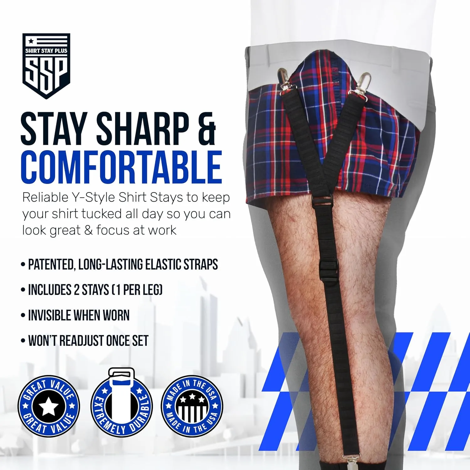 World's Best Shirt Stays for Men Police Military Made in the USA (Y-Style Black, Select Series) (1 Pair of Garters, Tuckers)