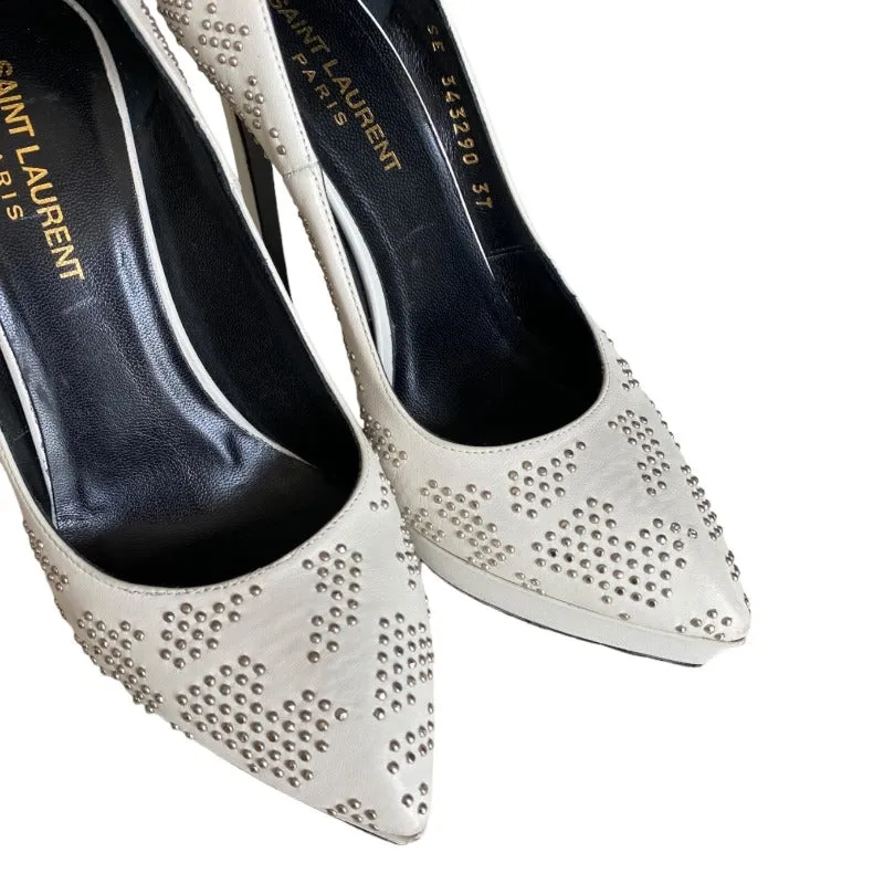 YSL YVES SAINT LAURENT White Leather Studded Janis Platform Pointed Toe Pumps,  37