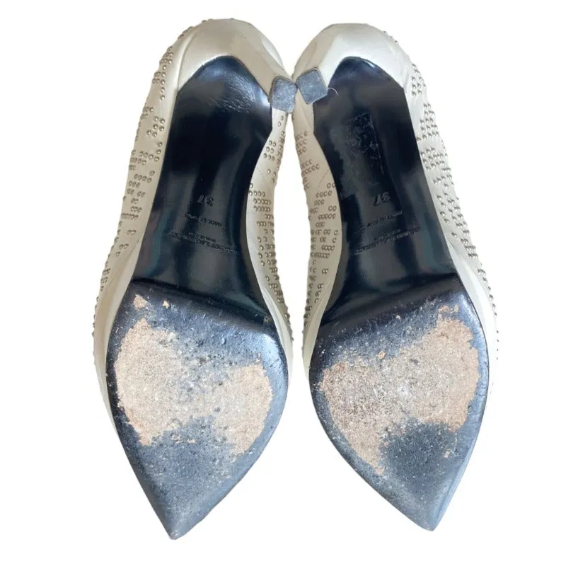 YSL YVES SAINT LAURENT White Leather Studded Janis Platform Pointed Toe Pumps,  37