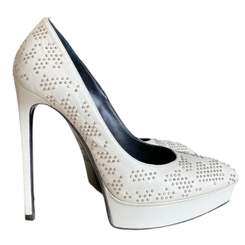 YSL YVES SAINT LAURENT White Leather Studded Janis Platform Pointed Toe Pumps,  37