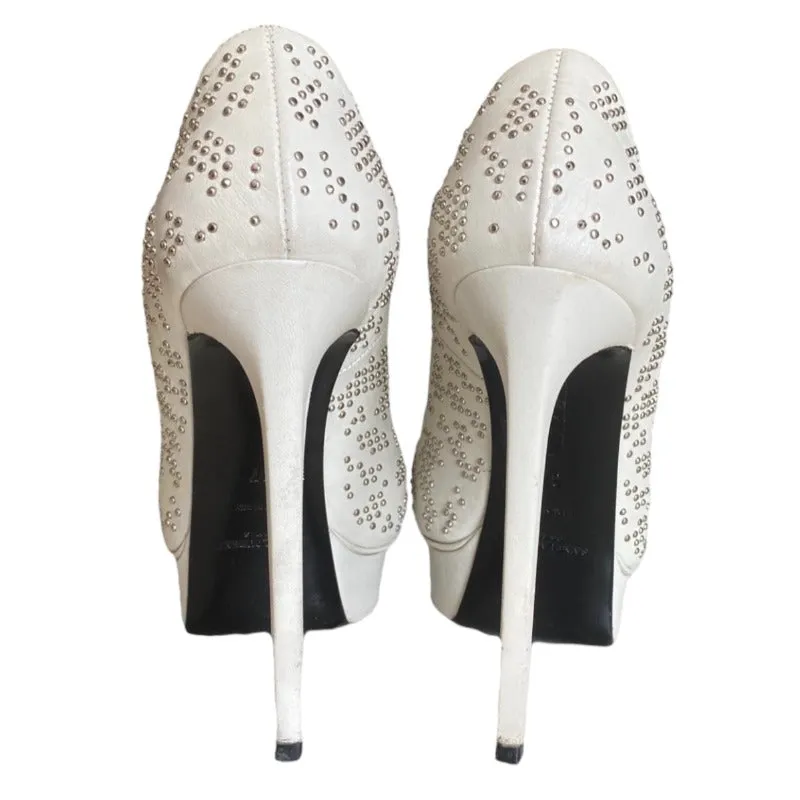 YSL YVES SAINT LAURENT White Leather Studded Janis Platform Pointed Toe Pumps,  37