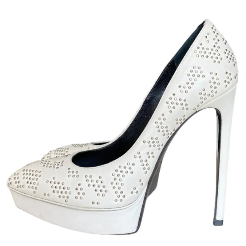 YSL YVES SAINT LAURENT White Leather Studded Janis Platform Pointed Toe Pumps,  37
