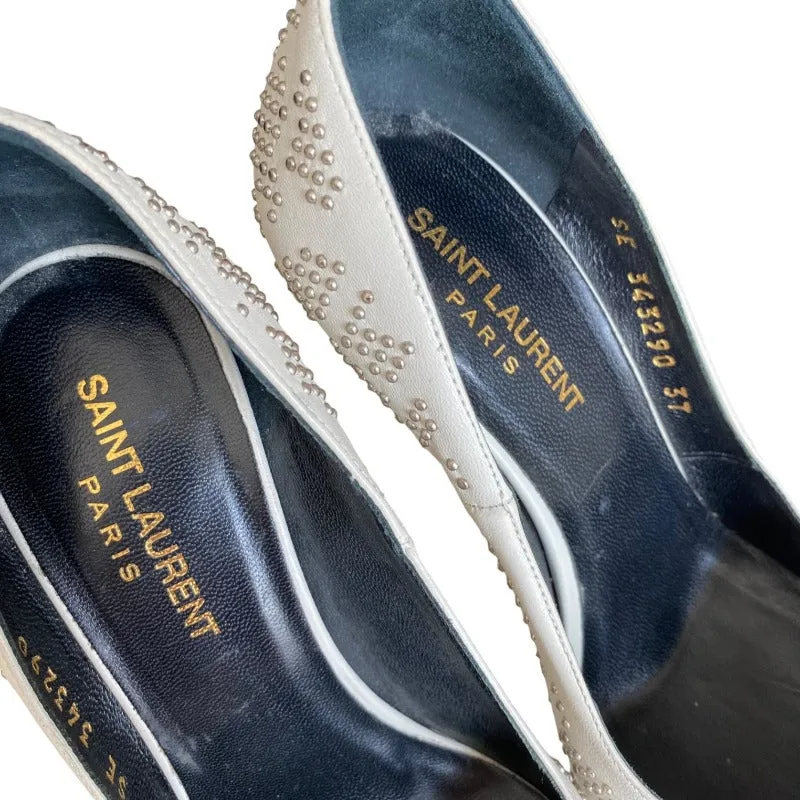 YSL YVES SAINT LAURENT White Leather Studded Janis Platform Pointed Toe Pumps,  37