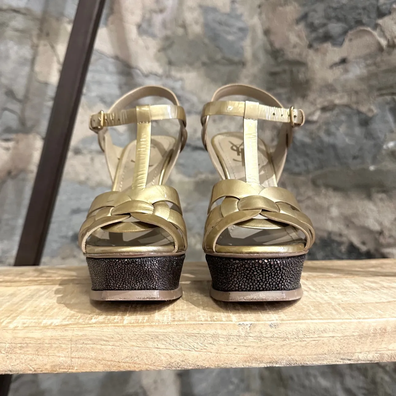 Yves Saint-Laurent Gold Leather Tribute Platform Heeled Sandals
