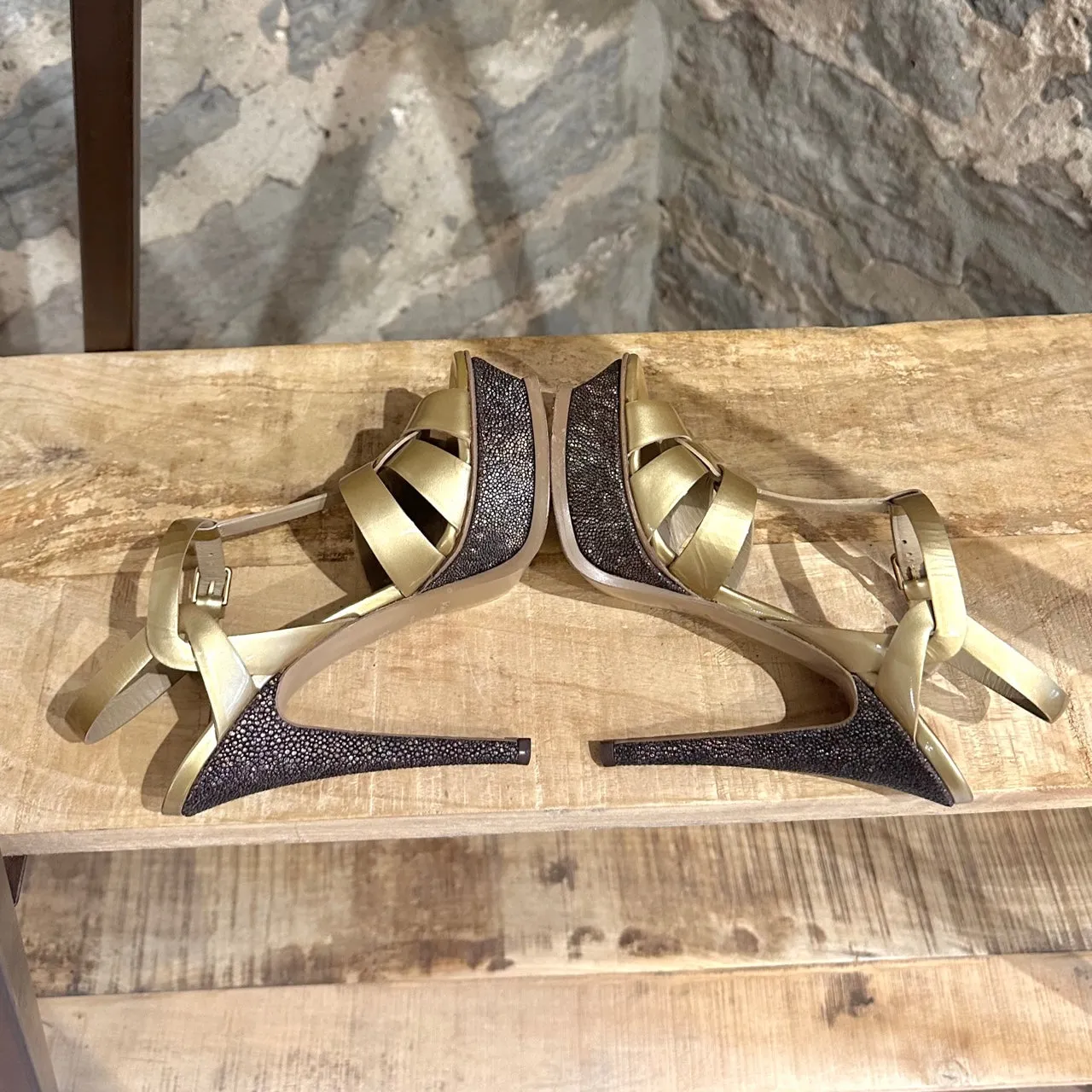 Yves Saint-Laurent Gold Leather Tribute Platform Heeled Sandals