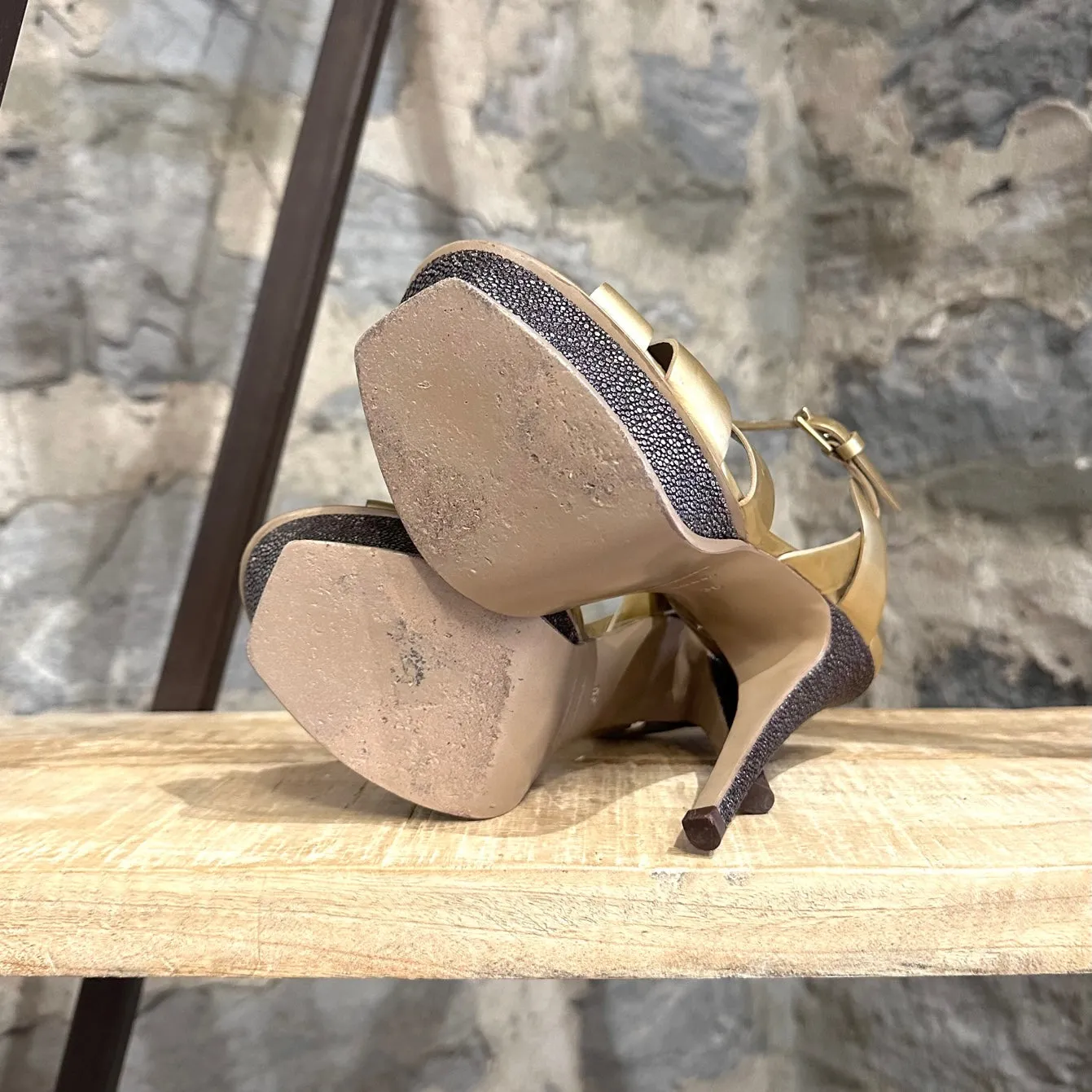 Yves Saint-Laurent Gold Leather Tribute Platform Heeled Sandals