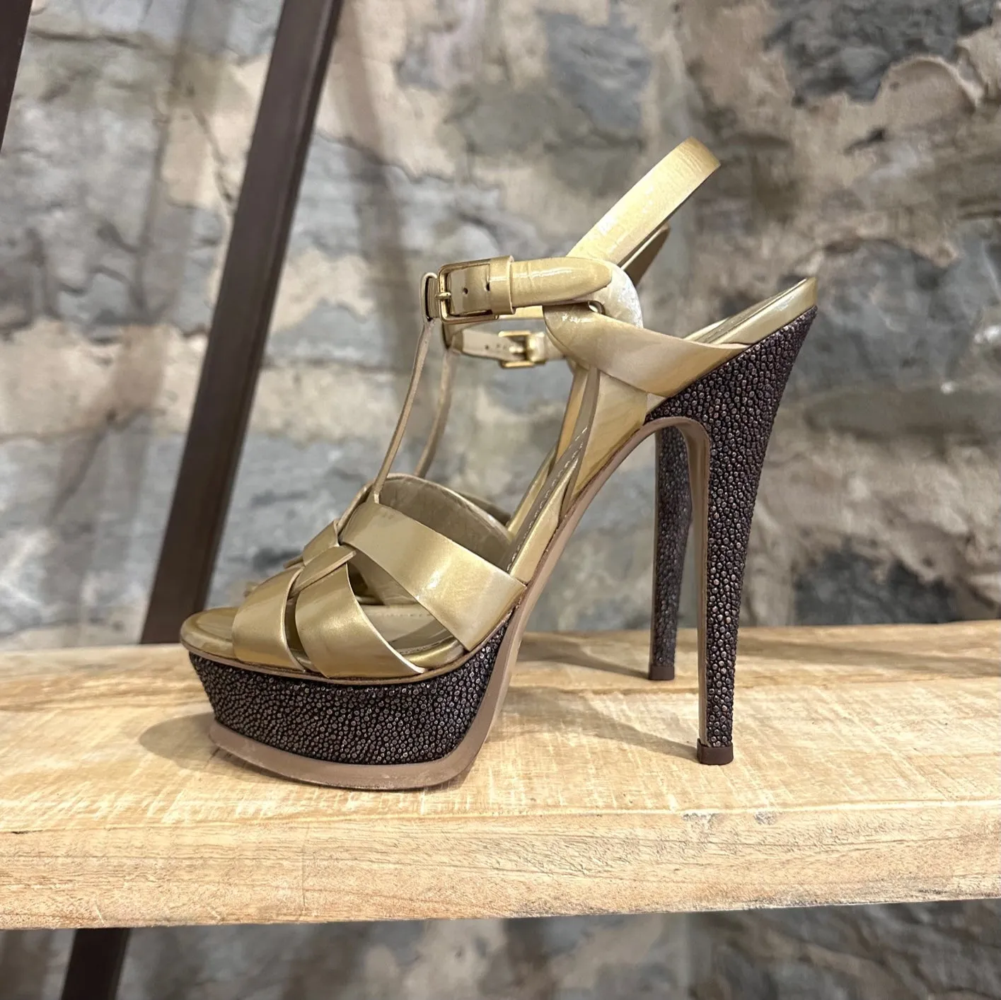 Yves Saint-Laurent Gold Leather Tribute Platform Heeled Sandals