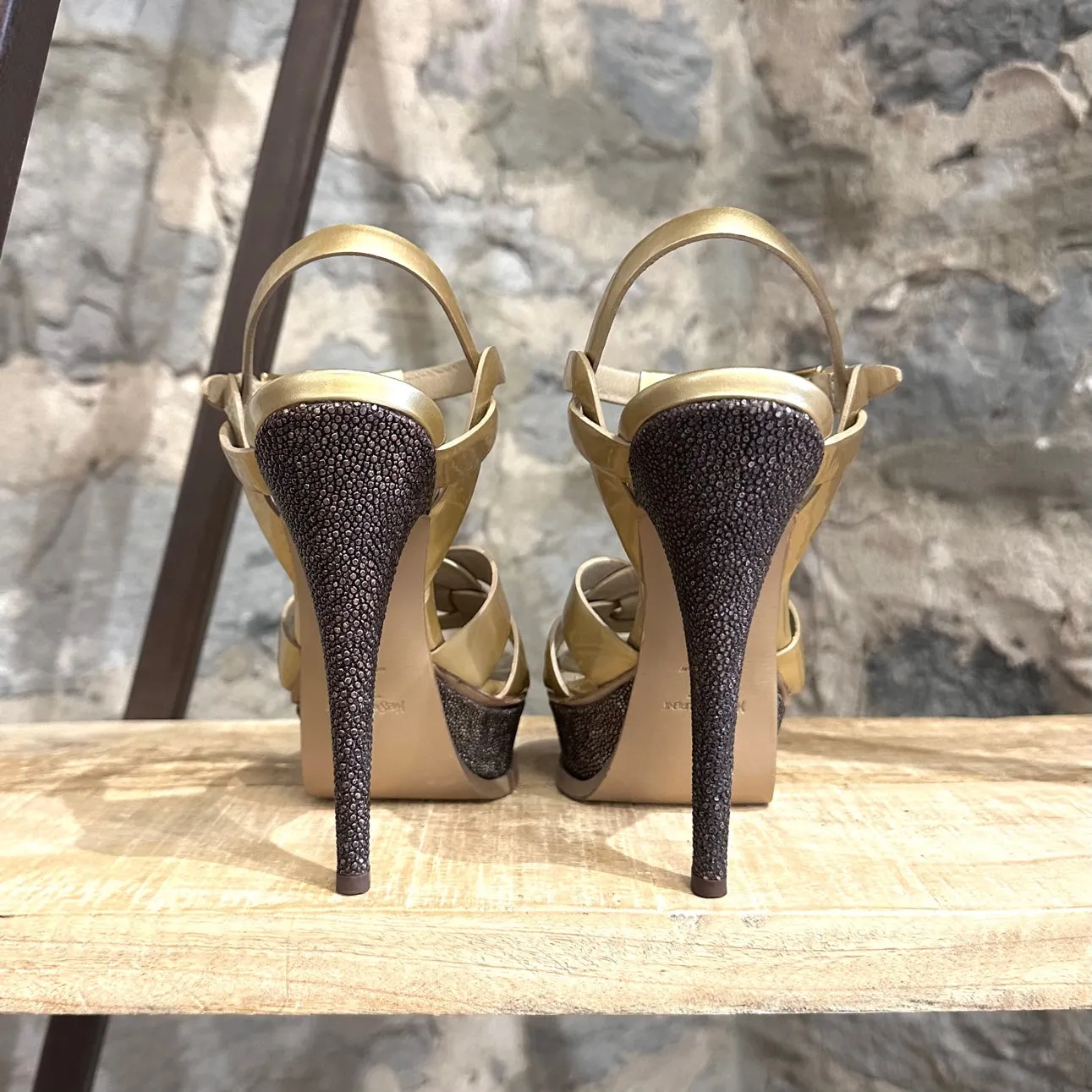 Yves Saint-Laurent Gold Leather Tribute Platform Heeled Sandals