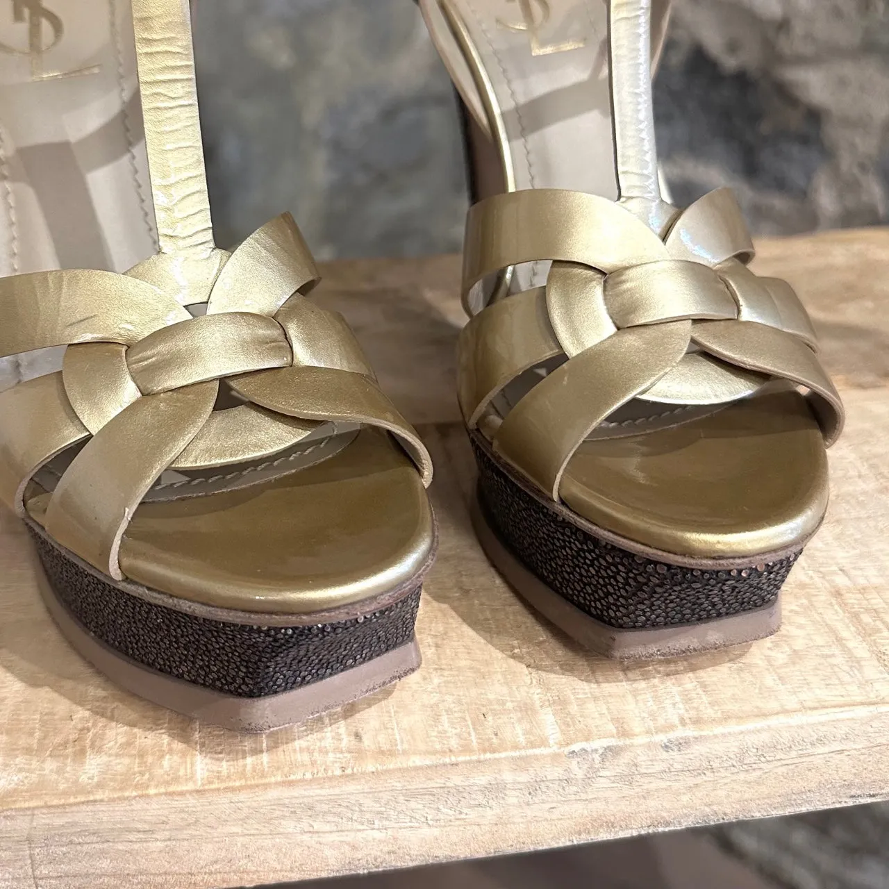 Yves Saint-Laurent Gold Leather Tribute Platform Heeled Sandals